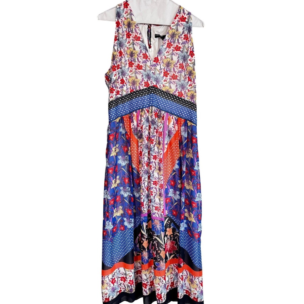 Maggy London Floral Patchwork Dress Size 10 Colorful V-Neck Summer Garden‎ Party
